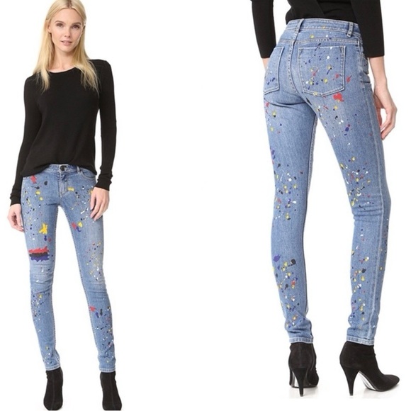 Alice + Olivia Joana Paint Splatter Skinny Jeans Stretch Pockets Zipper Size 26 - Picture 7 of 16
